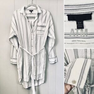 ATM Anthony Thomas Melille Shirt Dress 100% Cotton Button Down White Gray Small